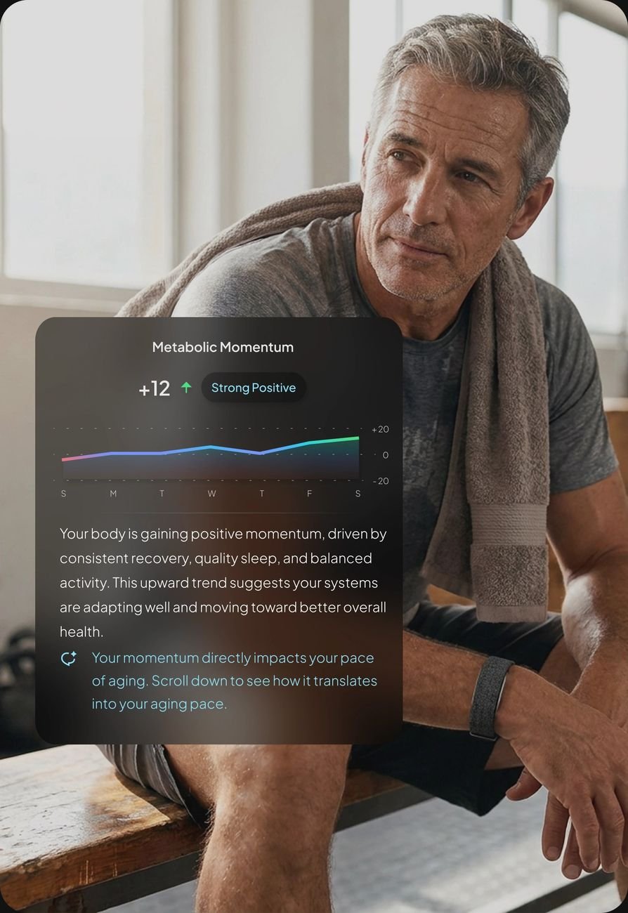 Hume Health Band longevity dashboard showing metabolic momentum trending upward