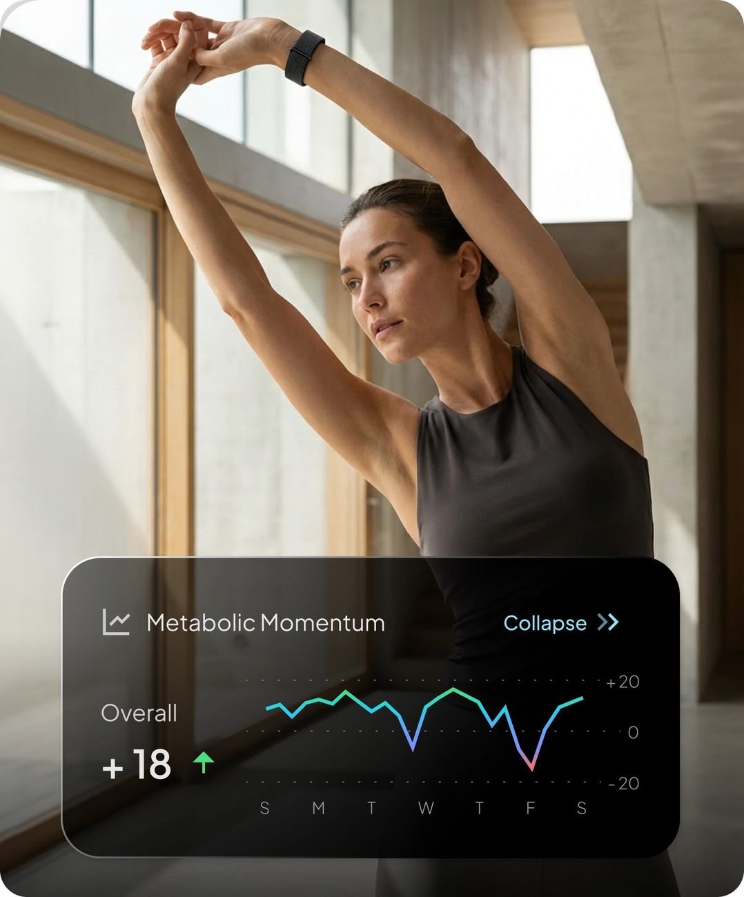 Woman stretching while wearing the Hume Health Band — Metabolic Momentum graph on screen