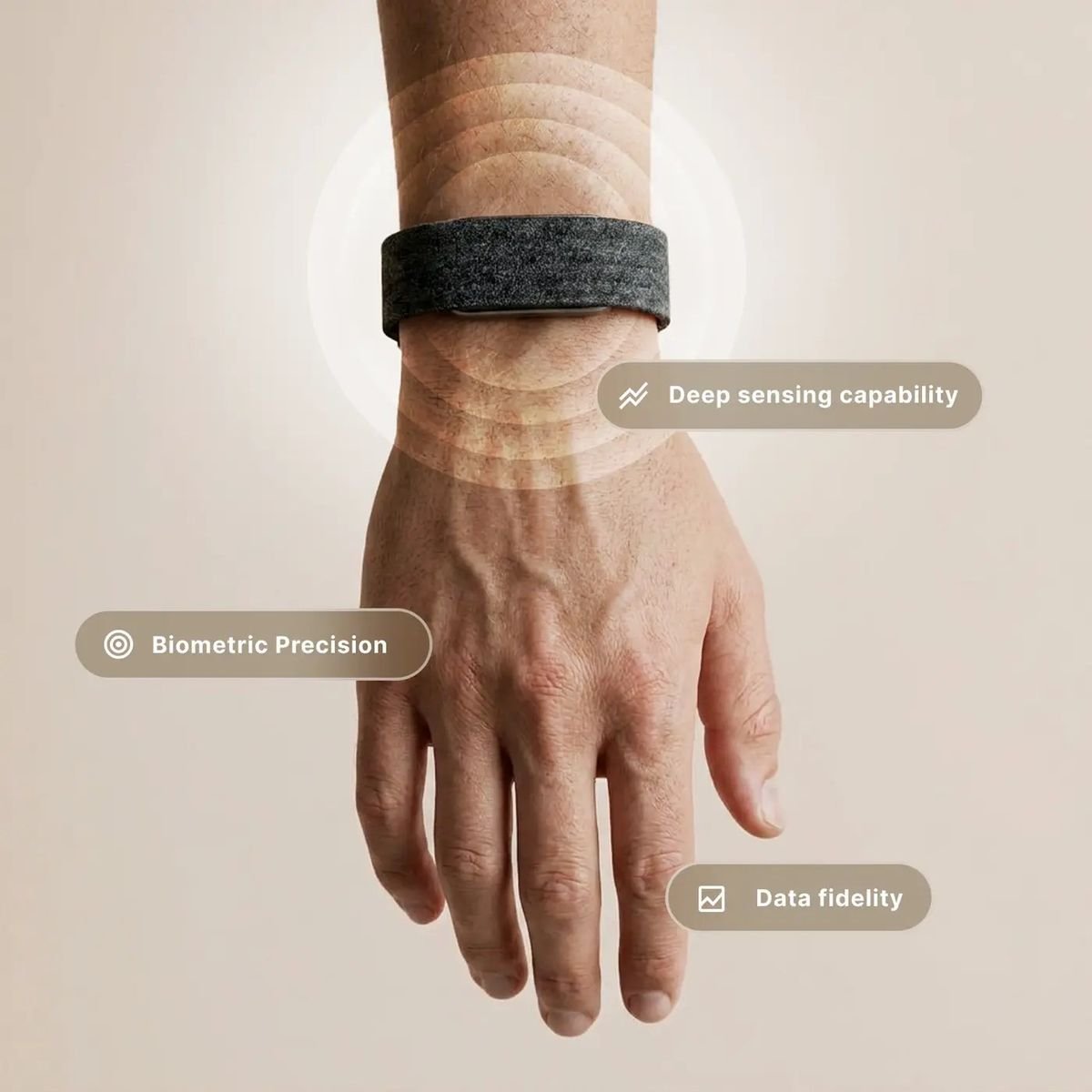 Close-up of the Hume Health Band on the wrist highlighting biometric precision and sensing accuracy