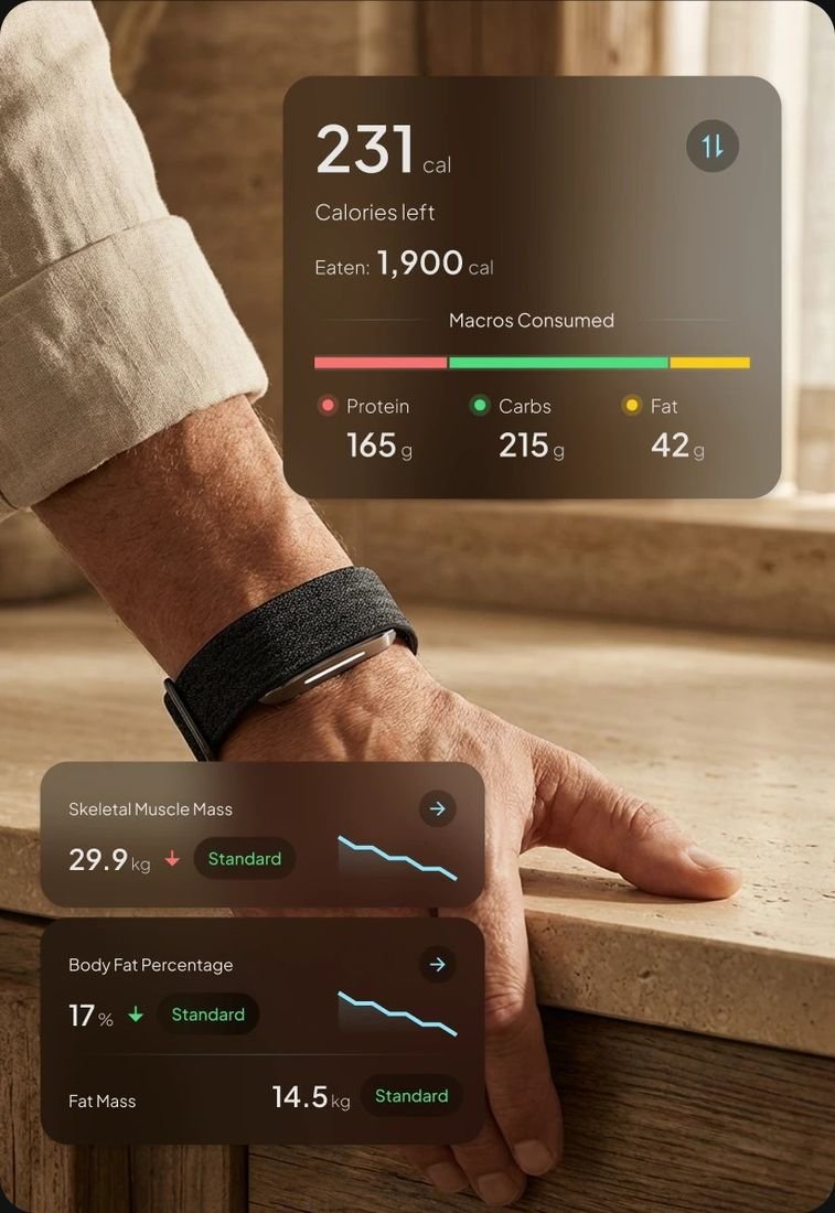 Hume Health Band on the wrist with the companion app open, showing nutrition data