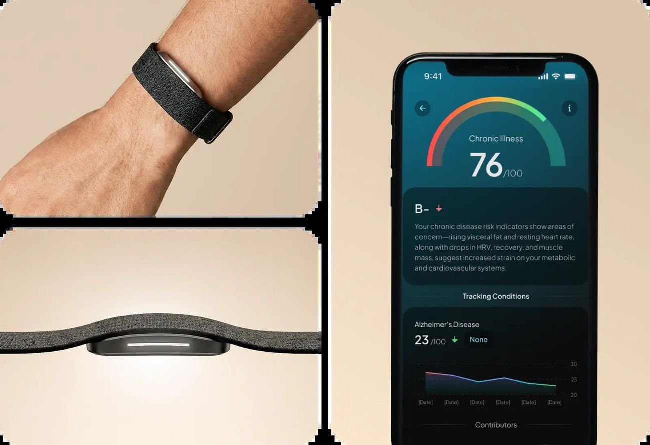 Hume Health Band on the wrist next to a phone showing a chronic illness risk score in the app