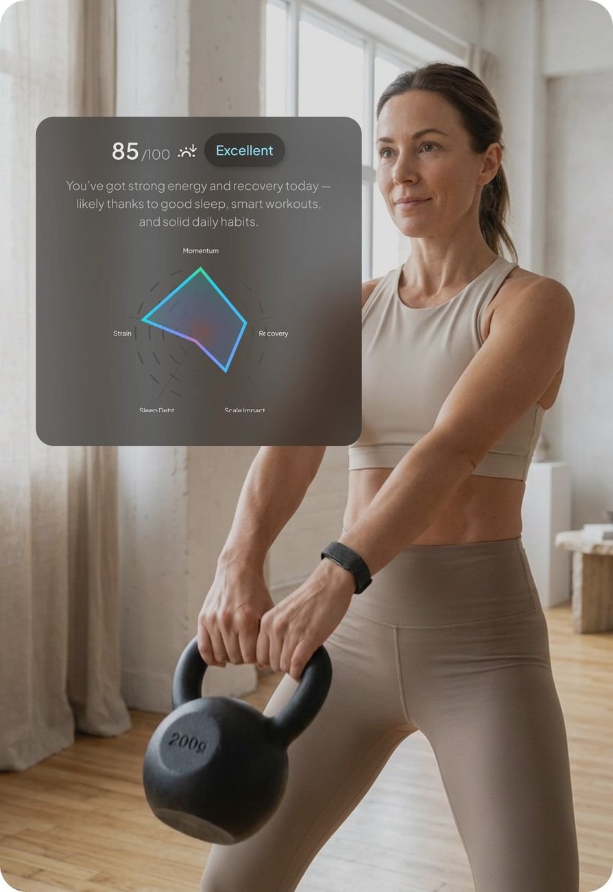 Woman exercising with a kettlebell while wearing the Hume Health Band — Metabolic Capacity reading in app